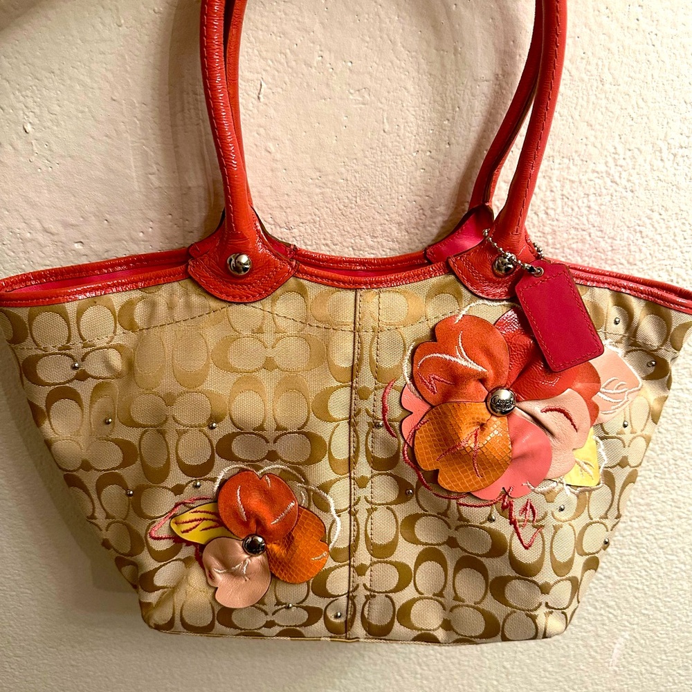 Coach Beige and Orange Floral Tote